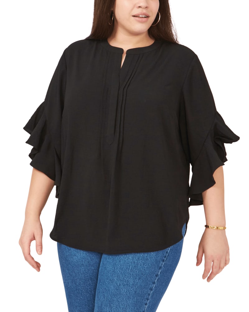 Front of a model wearing a size 1X Aubrey Ruffle Sleeve Blouse in RICH BLACK by Vince Camuto. | dia_product_style_image_id:260825